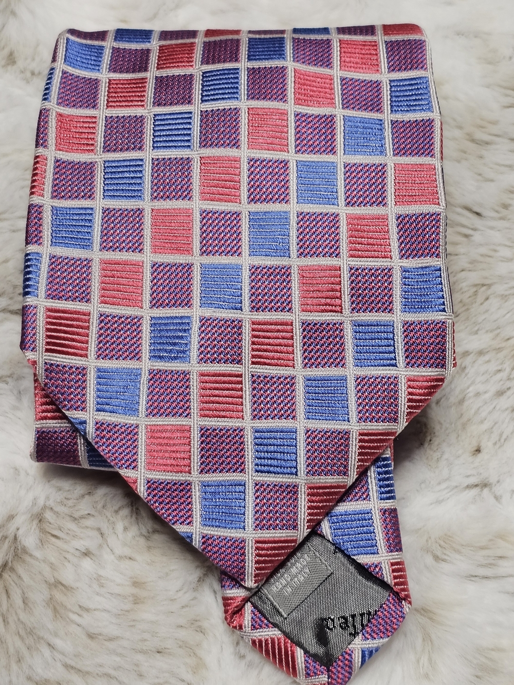 Altea Milano Italy Silk Tie Pink Blue‎ Geometric Check Luxury Necktie